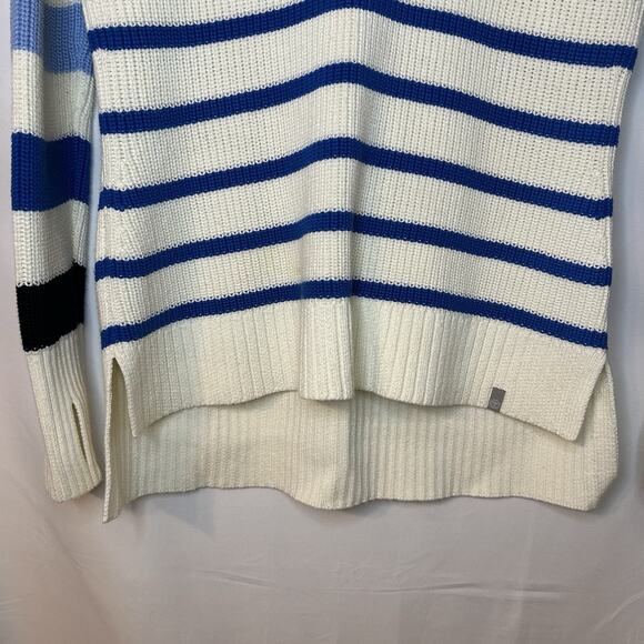 T By Talbots Womens Sweater Size MP Ivory Blue Green Stripes Thumb Hole Side Zip - Picture 5 of 13